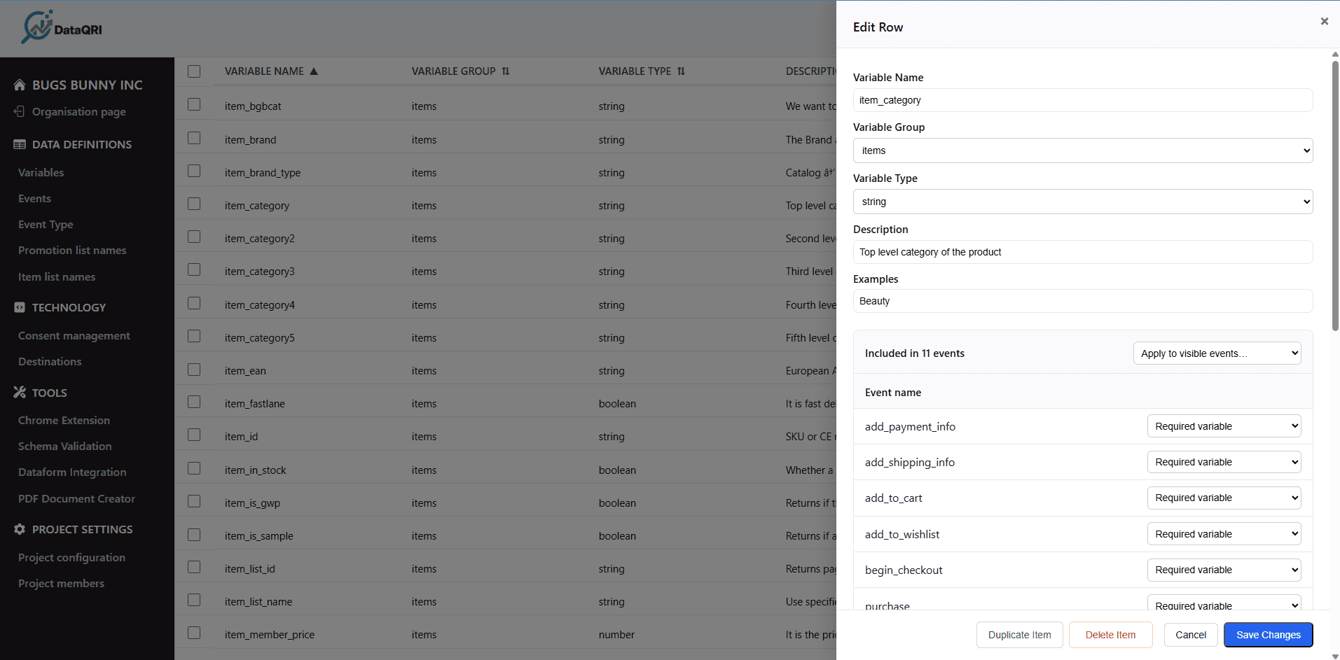 DataQRI dataset management interface with variable definitions and edit drawer